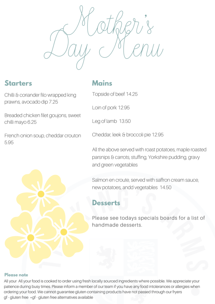 Mothers Day Menu 2 King S Arms Shouldham