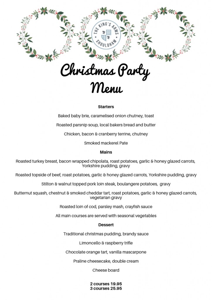 Christmas Party Menu Now Online King's Arms Shouldham