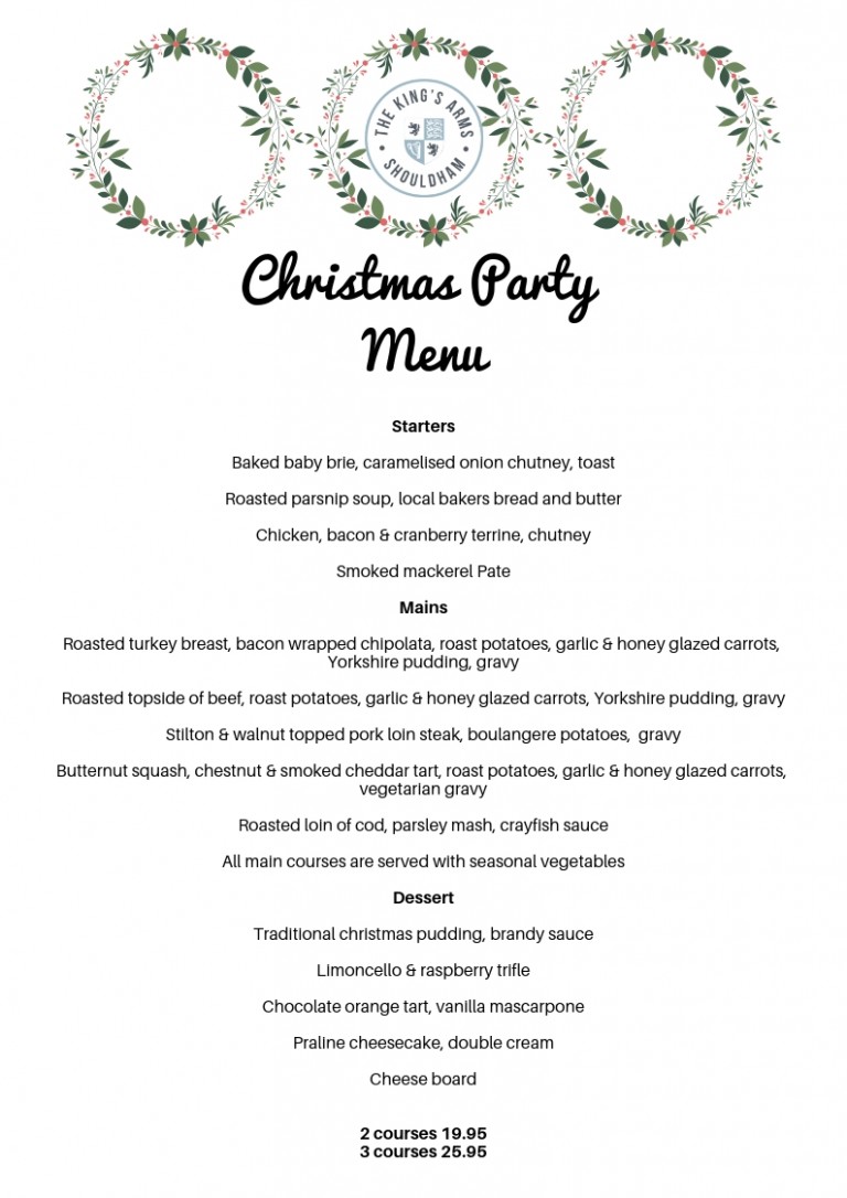 Christmas Party Menu Now Online King's Arms Shouldham