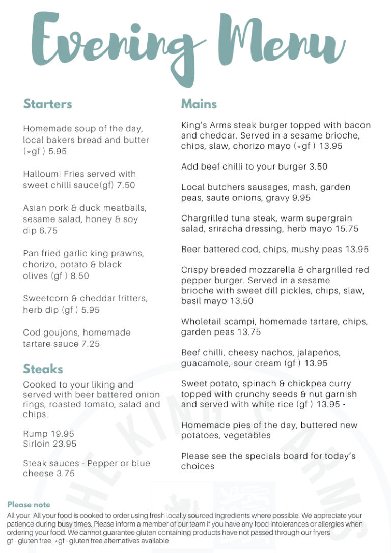 Evening Menu King's Arms Shouldham
